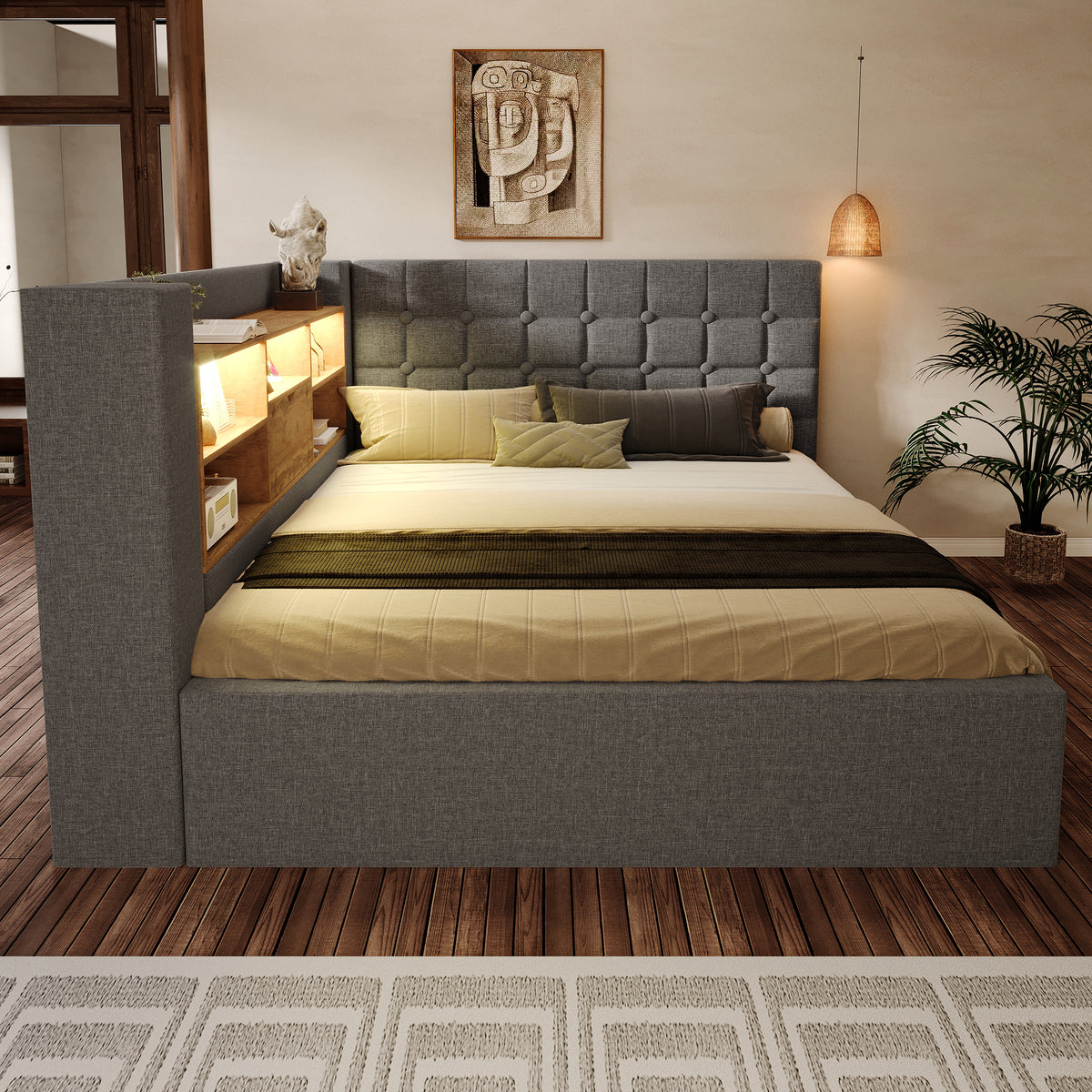 Upholstered Double Bed 180x200cm Hydraulic Storage, Grey Linen