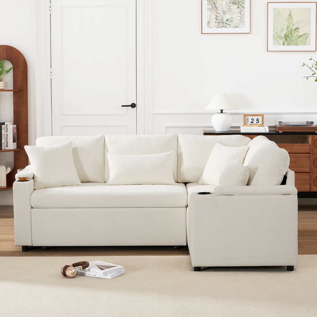 L-Shaped Corner Sofa, Extendable Chaise Storage Cup Holders USB Armrest, Beige
