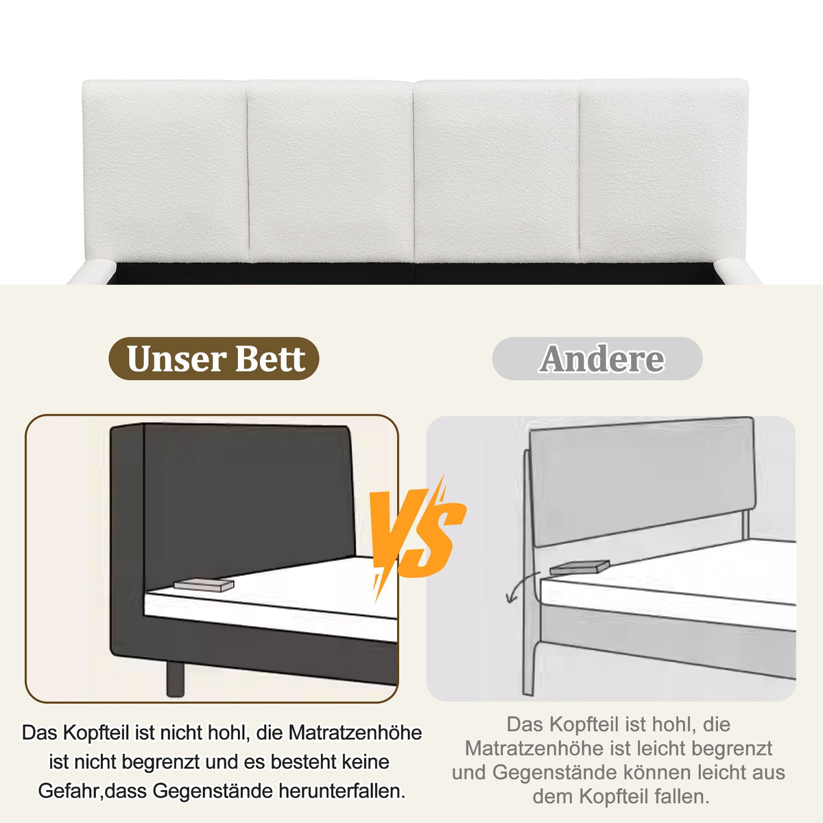 Upholstered Double Bed, 180x200cm Slatted Base Headboard, Beige Bouclé