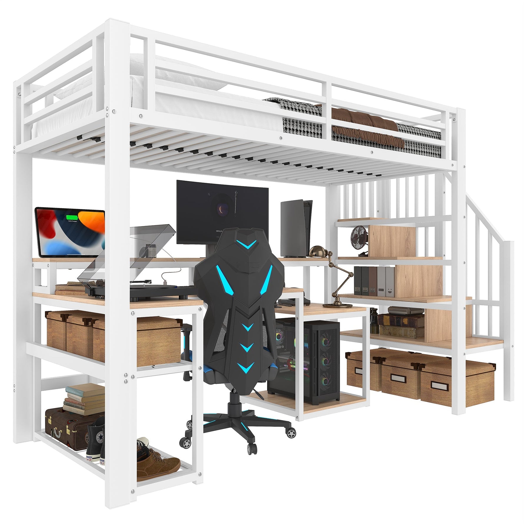 Loft Bed with Desk, LED Light Strip and Storage Staircase, 90 x 200 cm, White Iron Frame