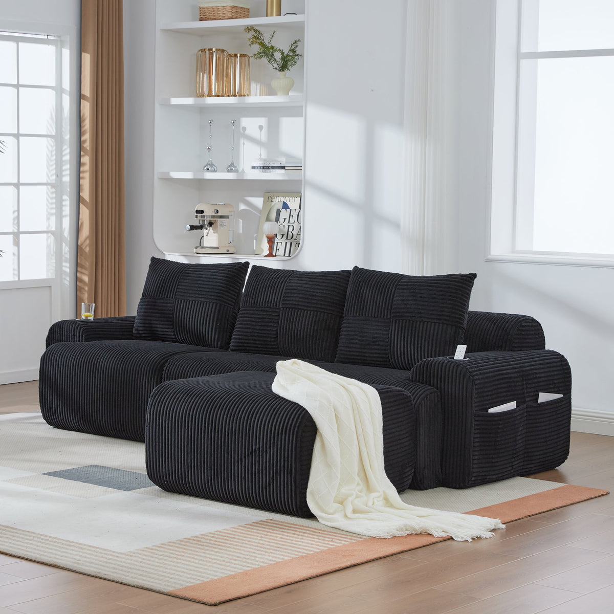 3-Seater Modular Sofa with Ottomans, Cup Holders and Storage, Black Corduroy