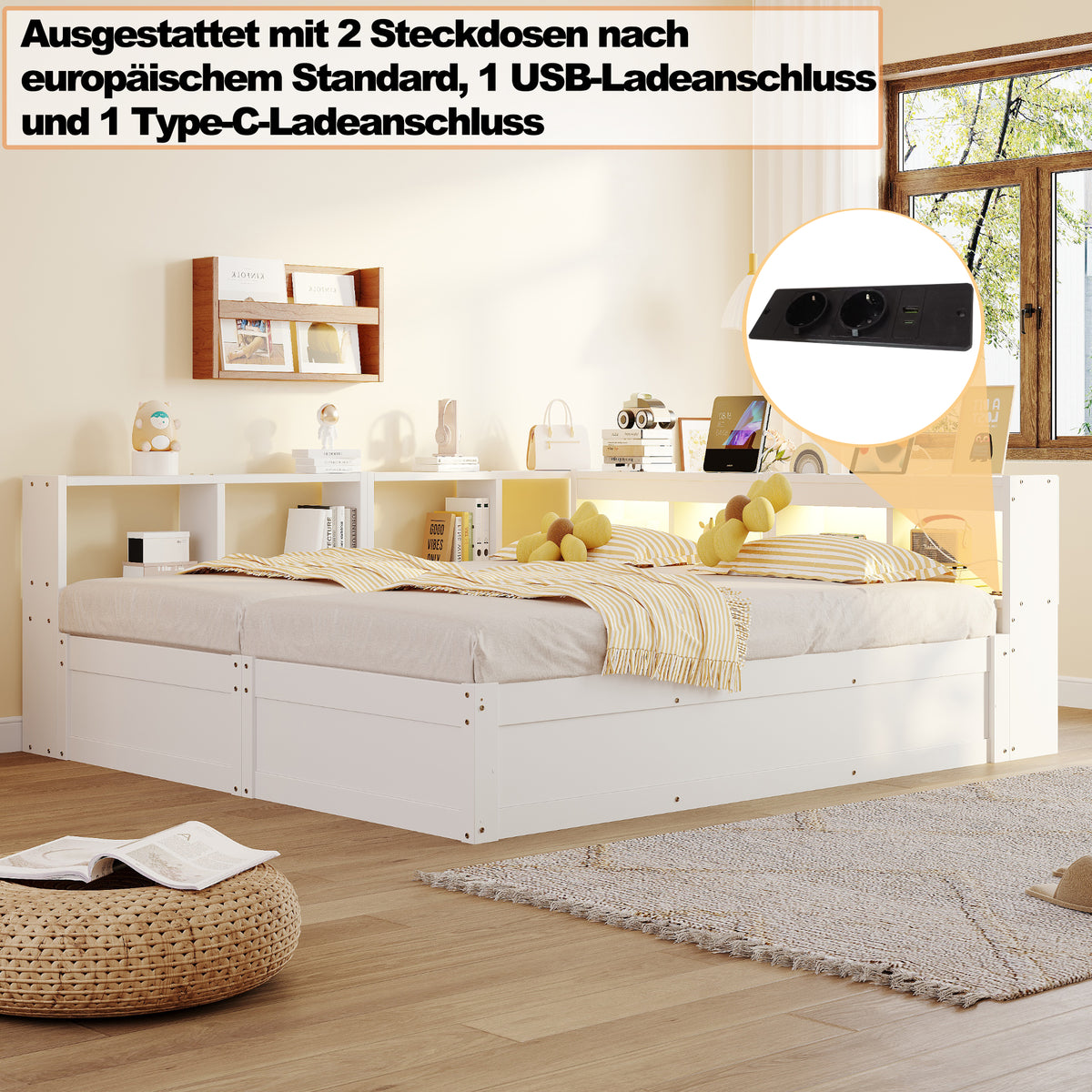 Multifunctional Sofa Bed 90/180x200cm with Storage & LED, White
