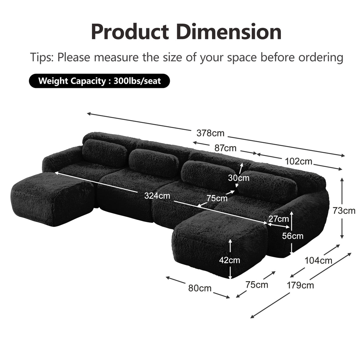 U-shaped Modular Sofa Freely Combinable No Assembly - Plush Black
