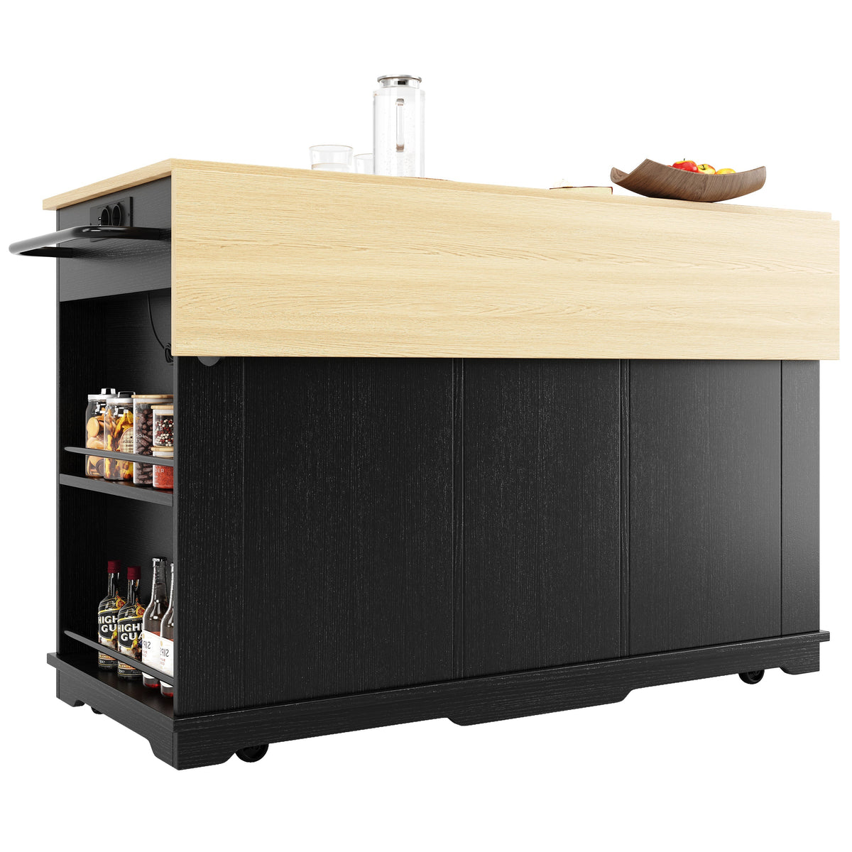 Kitchen Island Trolley Worktop Power Strip Wood Grain Storage - Black
