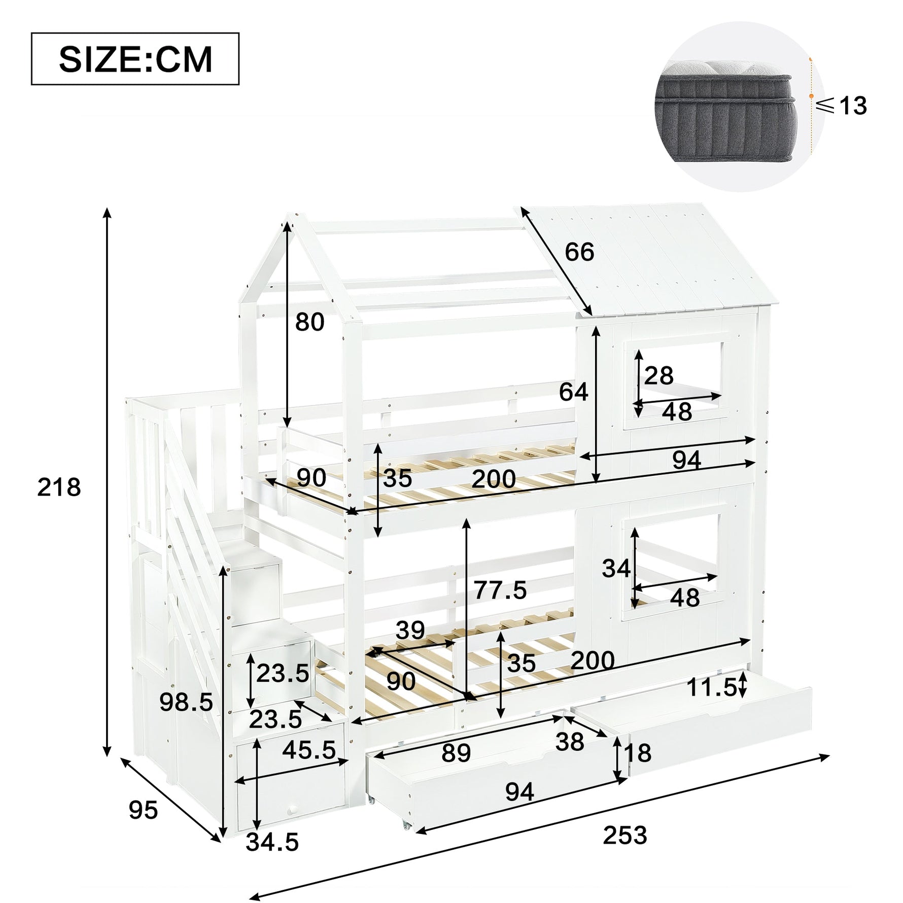 Bunk Bed with Stair Wardrobe, Storage, Window/Roof, 90x200cm, Pine/MDF/Plywood White
