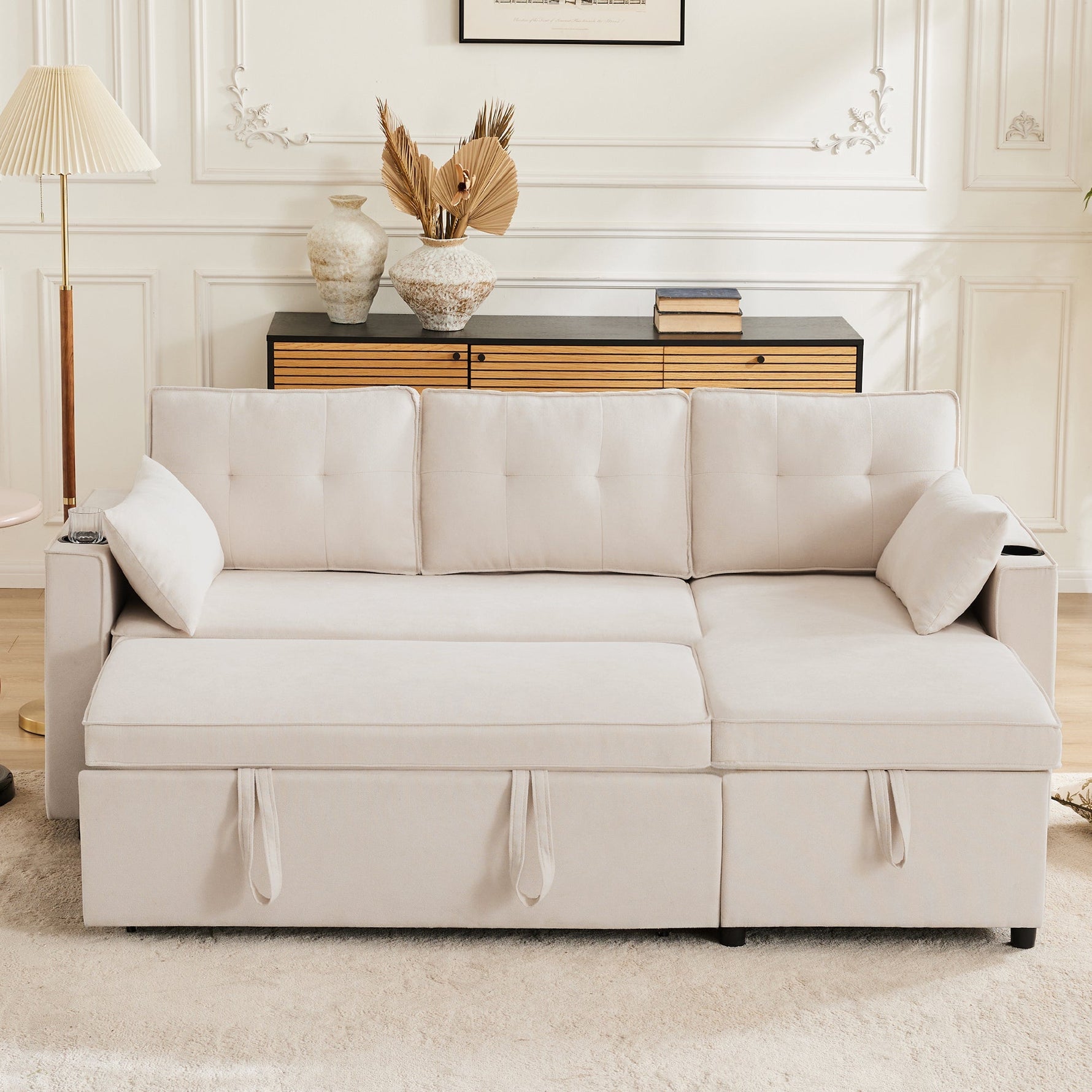 Sofa Bed L-Shaped Sleeping Function Storage Cup Holder Upholstered