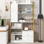 Bookcase, 6-Shelf Vertical with Doors & Drawers, Industrial Steel, White Marbled with Gold Frame