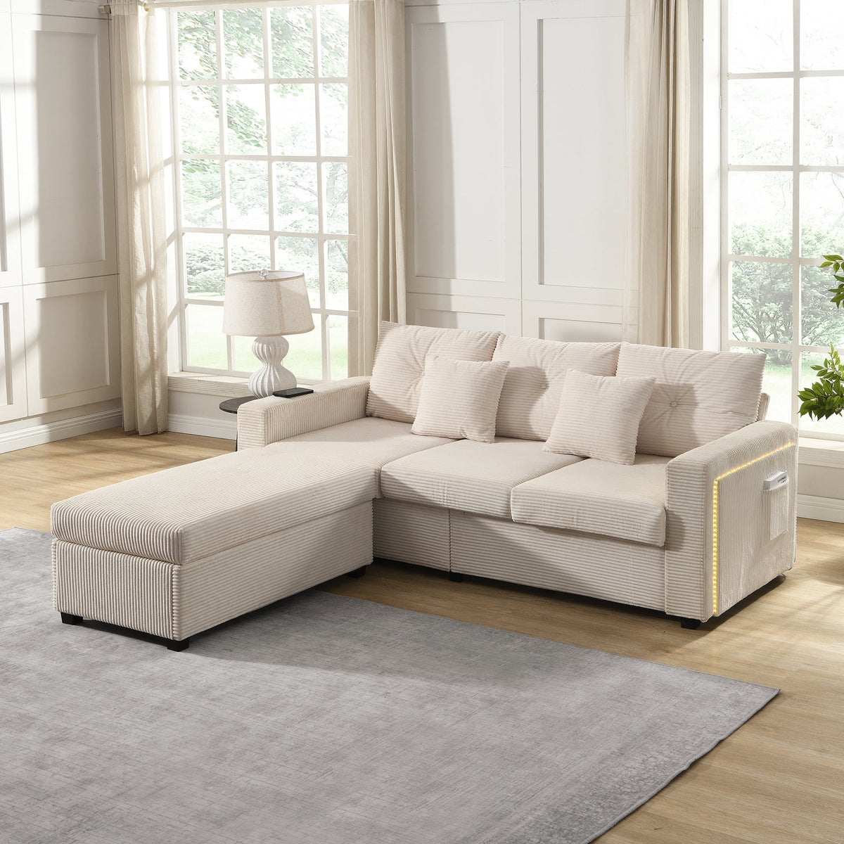 Sofa, Modern LED Combination with Cloud-Like Seating, 3-Seater + Ottoman, Modular L-Shaped