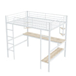 Loft Bed with Desk and Bookshelf, 90x200cm Metal Frame, White