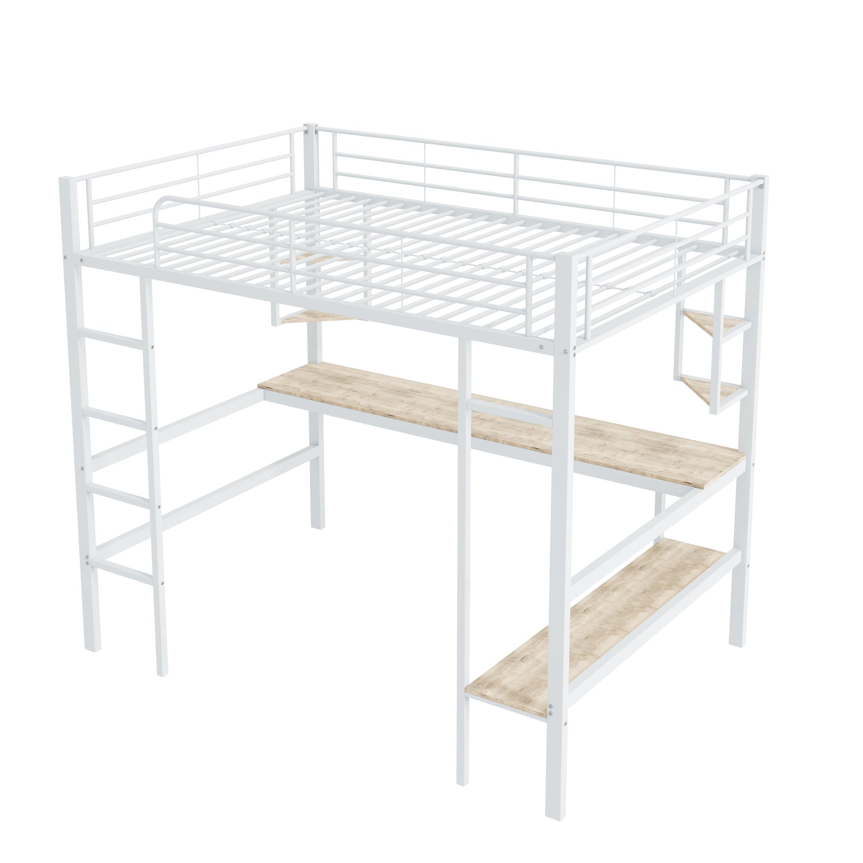 Loft Bed with Desk and Bookshelf, 90x200cm Metal Frame, White