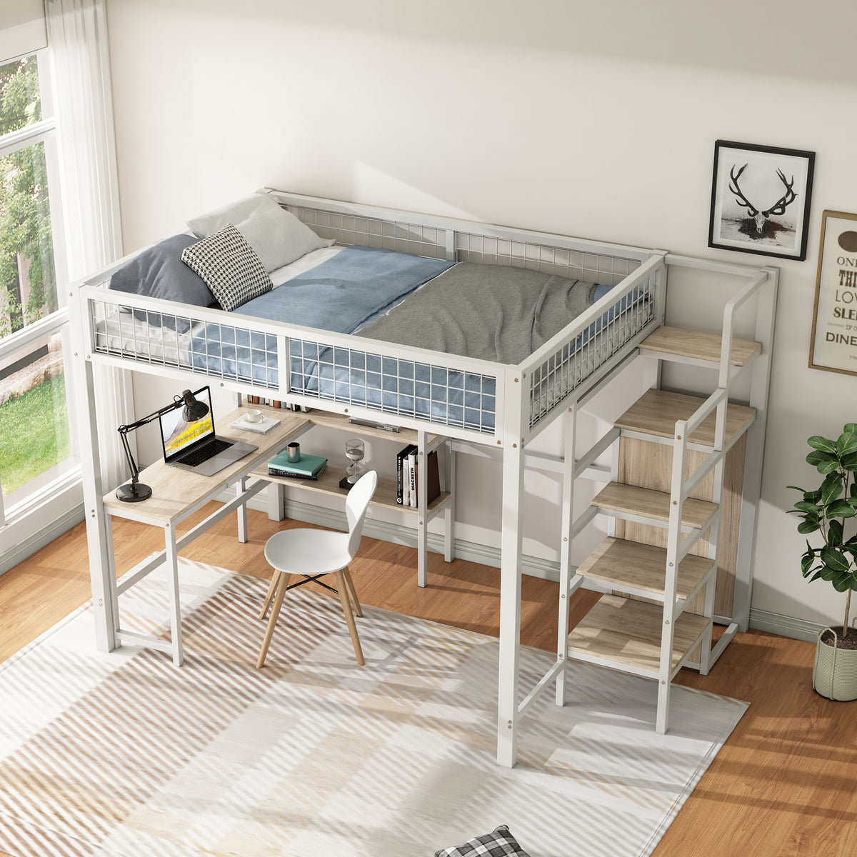 Loft Bed 140x200cm with Desk, Wardrobe & Shelves - White Iron