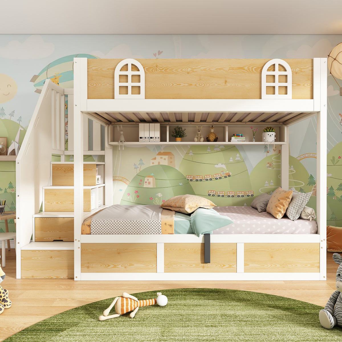 Children's Bunk Bed 90x200cm with Storage Staircase, White & Natural