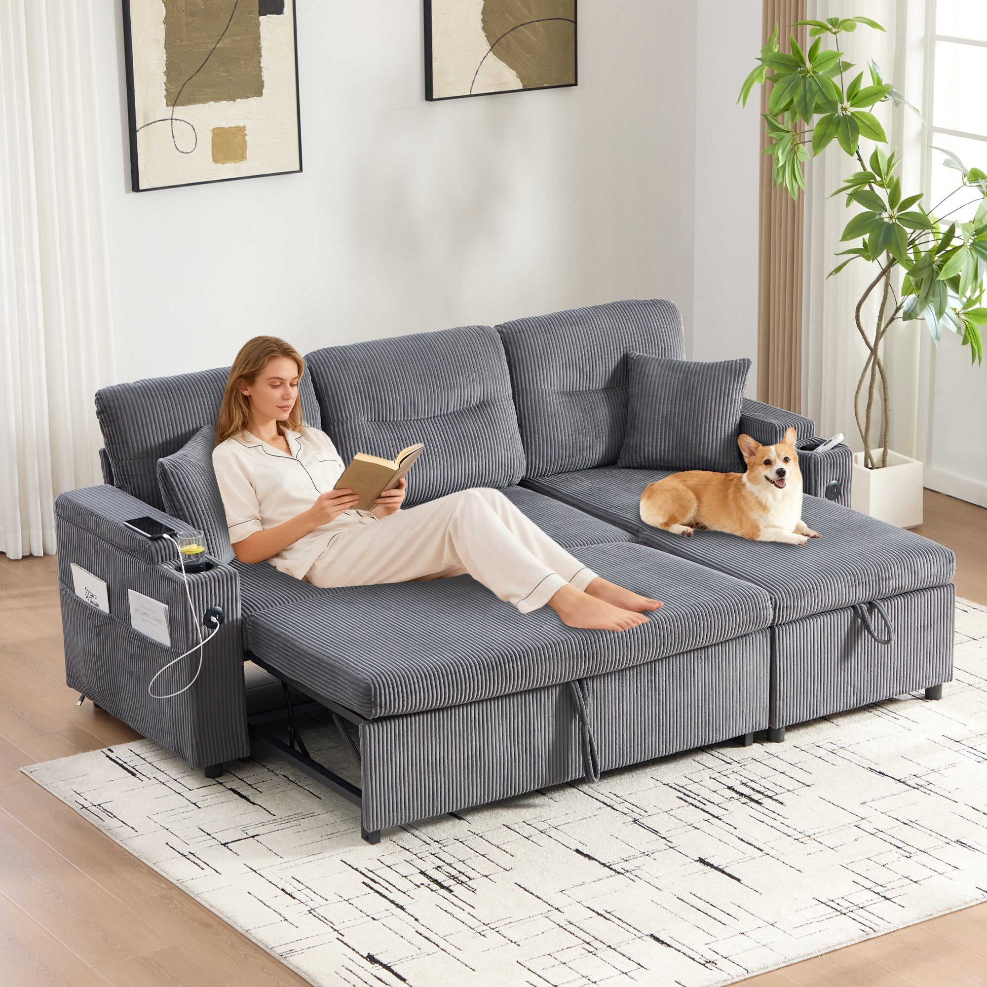 Modern 3-Seater Sofa with Storage, Cup Holders and USB-C Charging, Corduroy