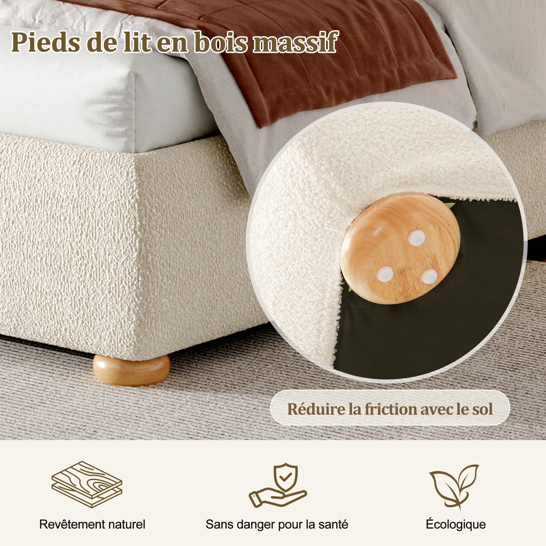 Upholstered Double Bed 140x190cm Hydraulic Storage Slatted Base Beige Bouclé