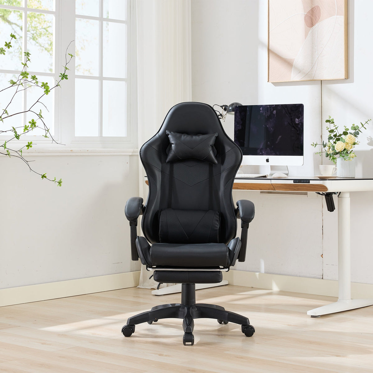 Gaming Chair Ergonomic Racing High-Back Swivel Adjustable Footrest Headrest Lumbar Support Leather Black