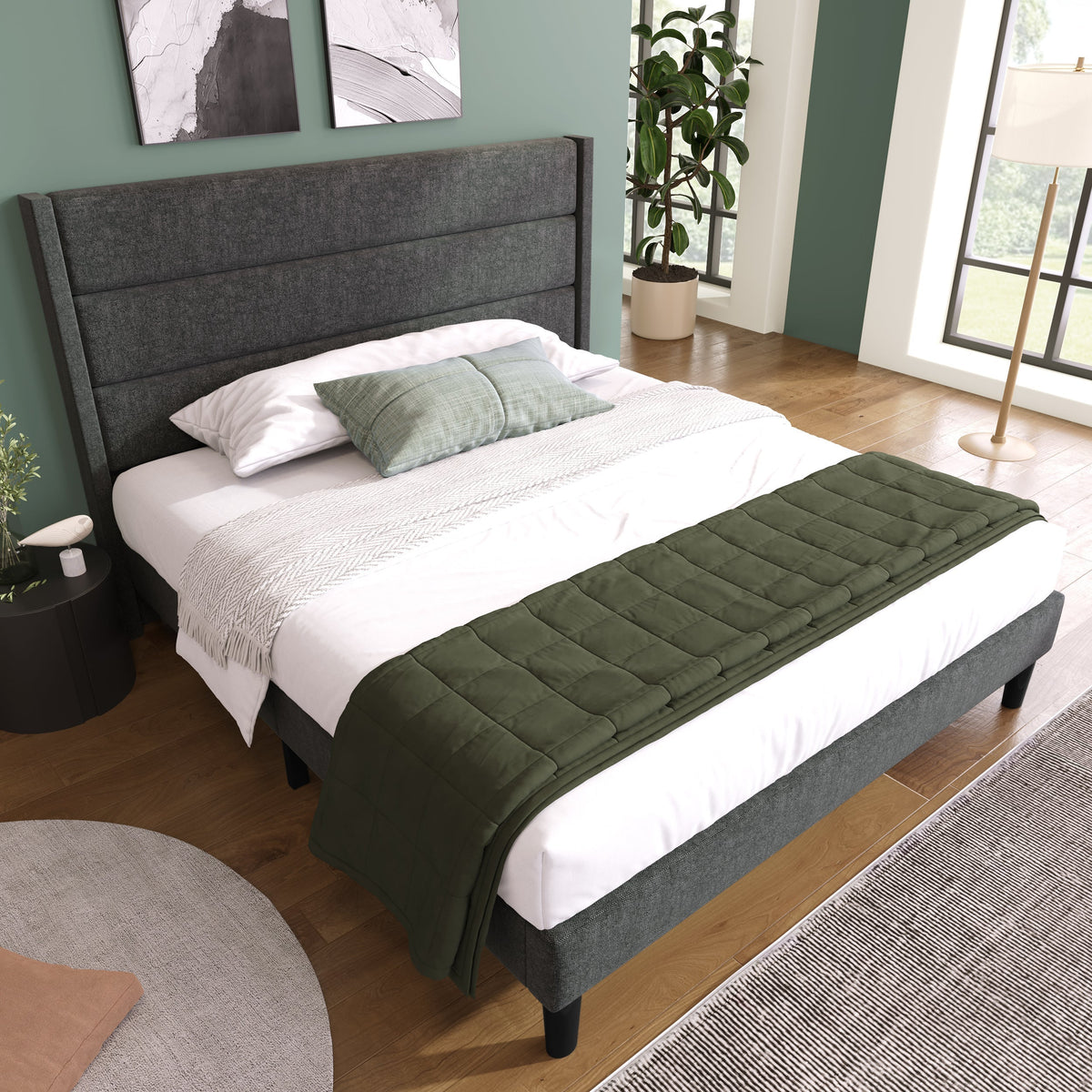 Upholstered Bed 140x200cm, with Slatted Frame & Headboard, Double Bed, Linen Dark Grey