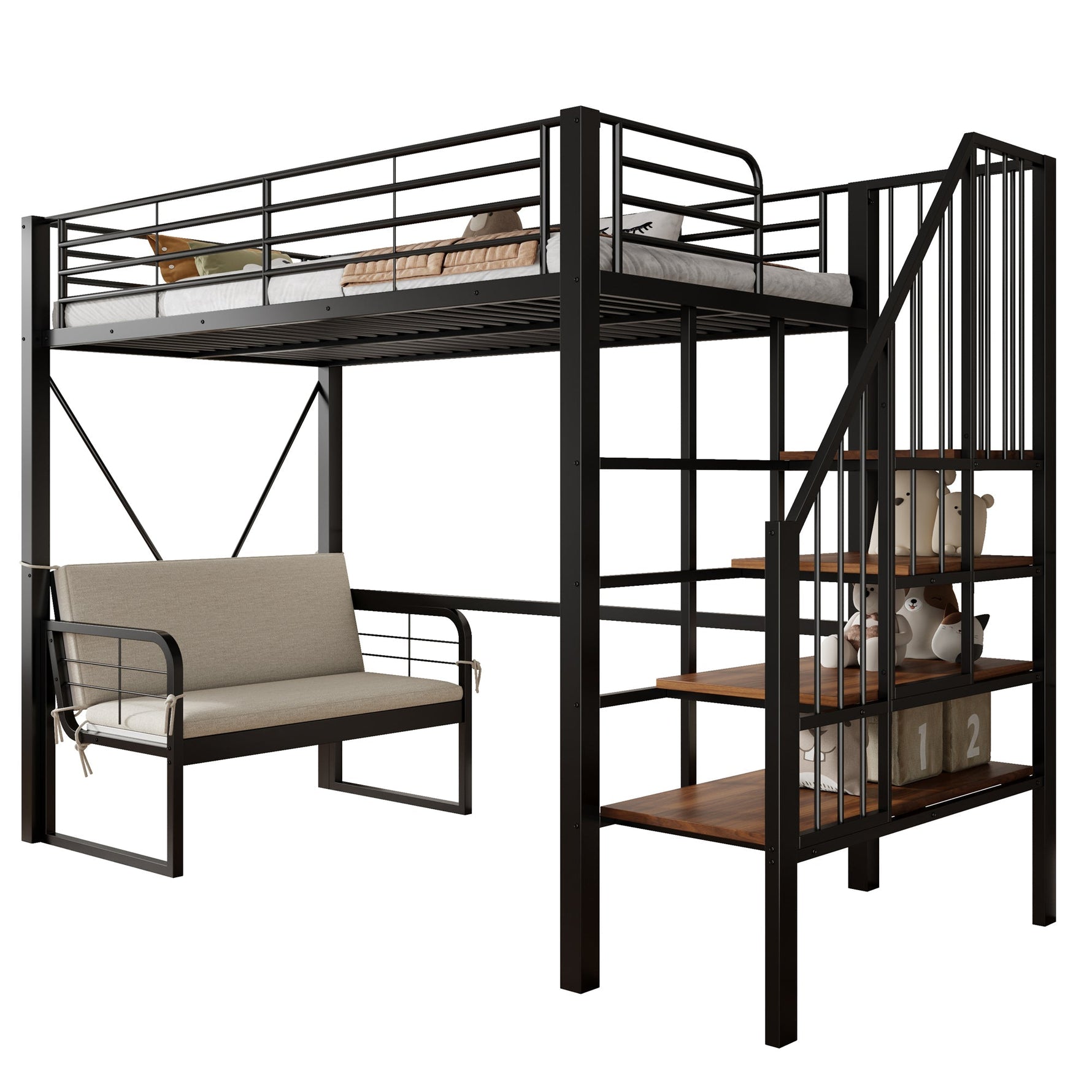 Bunk Bed with Removable Sofa, Storage and Safety Stairs, 90x200cm, Black Metal