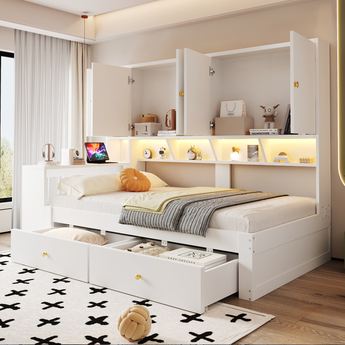 Multifunctional Bed 90x200cm with Desk, LED & Storage - White