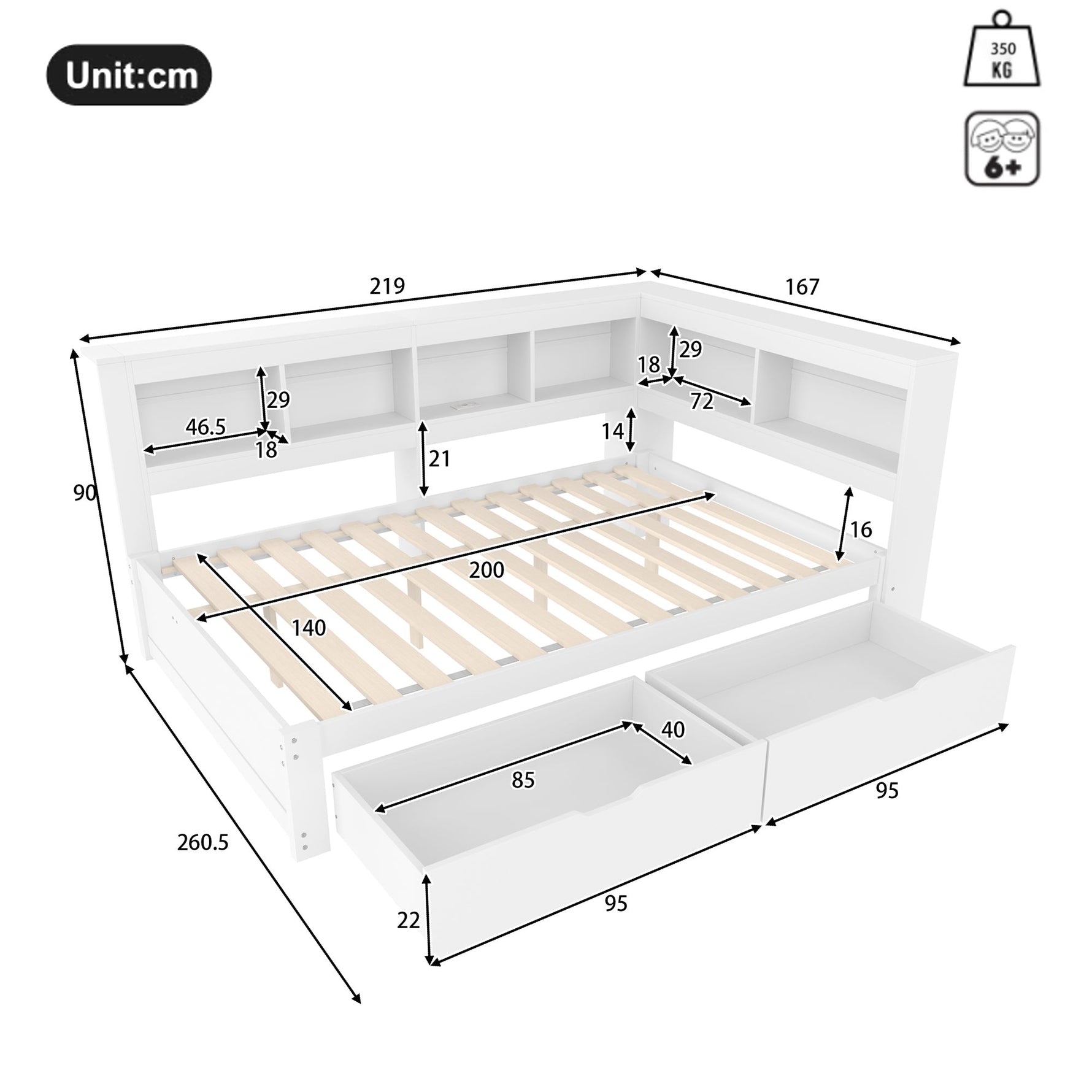 Daybed with 2 Drawers and USB Charging Ports, 140 x 200 cm, White Chipboard