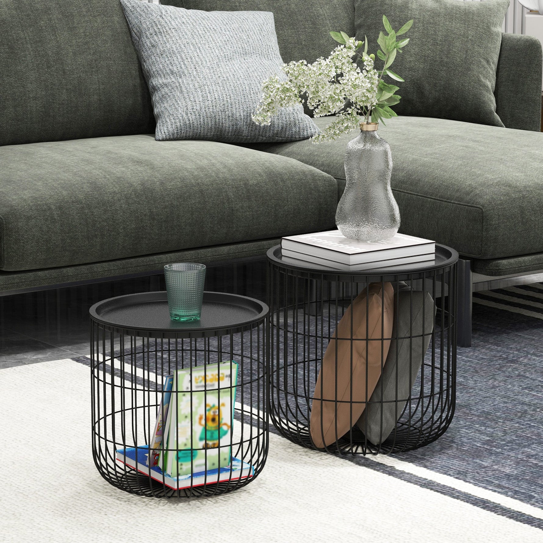 Coffee Tables, Set of 2, Scandi Design with Storage Space, Steel Black