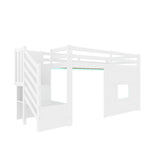 Loft Bed with Storage Stairs and Window, 90x200cm, White Pine Wood + MDF