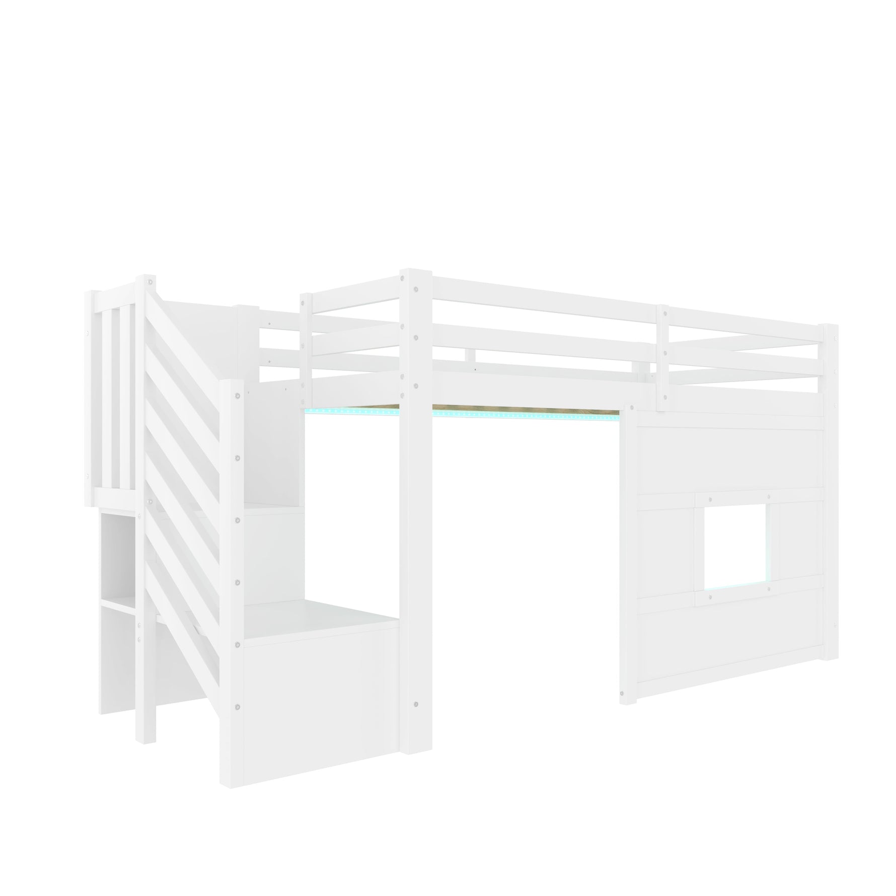 Loft Bed with Storage Stairs and Window, 90x200cm, White Pine Wood + MDF