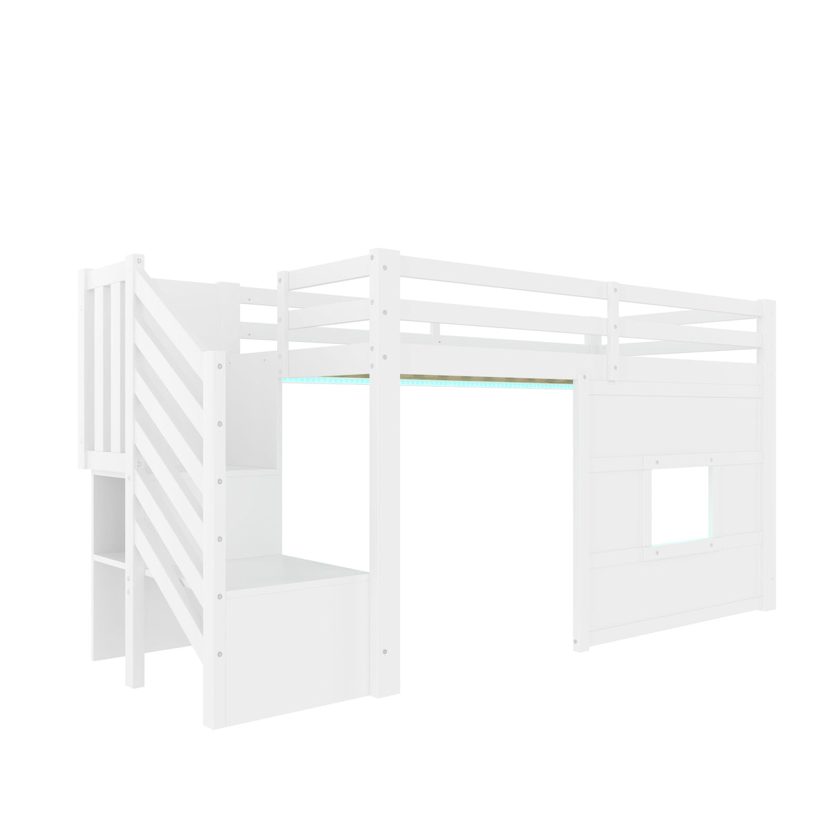 Loft Bed 90x200cm with Storage Stairs & Window, White