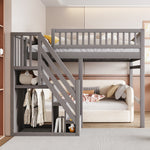 Solid Wood Bed 140x200 with Storage Stairs & Railing, Grey