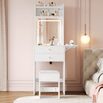 Small Dressing Table with LED Lighting, Stool & Drawers, White