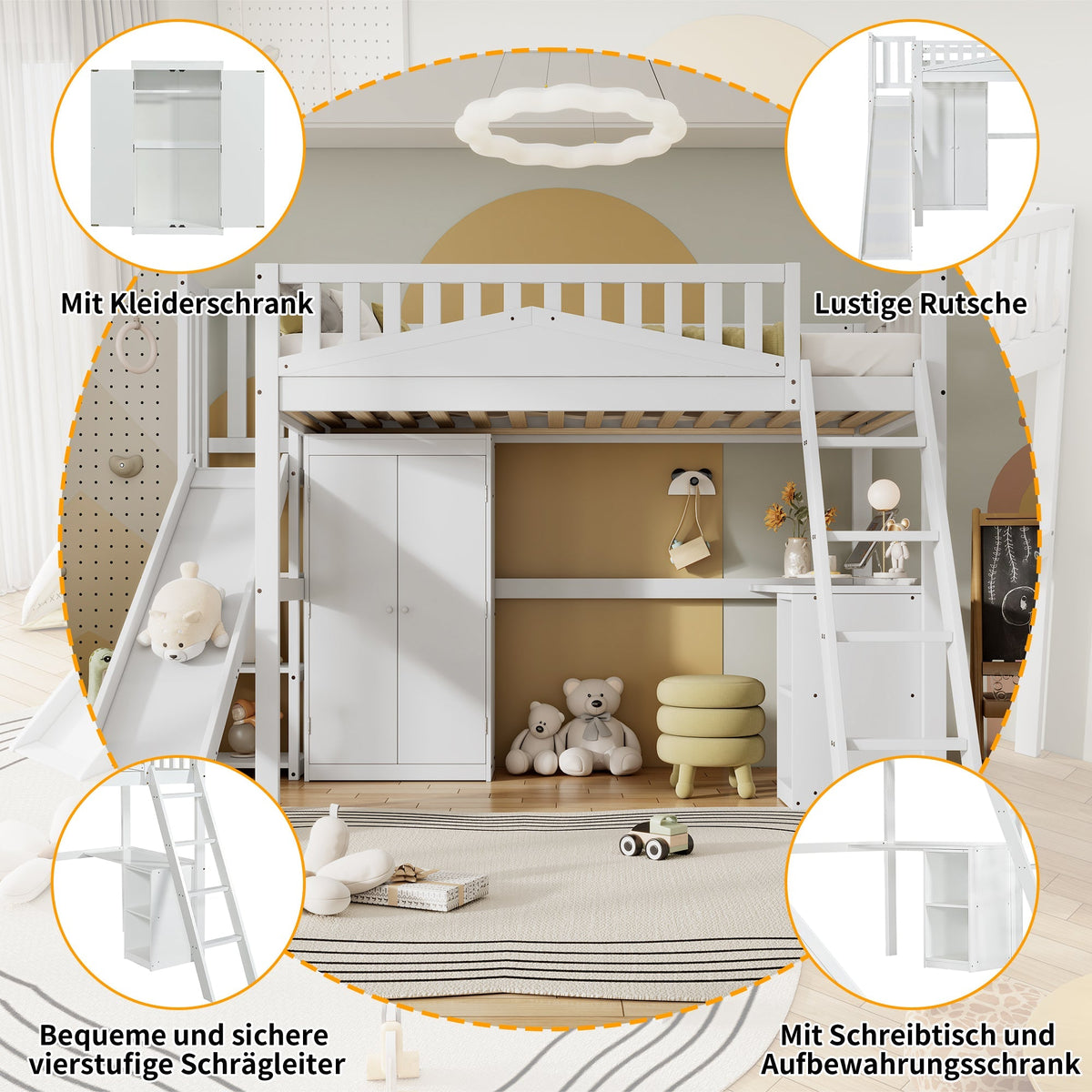 Bunk Bed, Children's with Safety Gate, Table, Wardrobe & Ladder, Pine+MDF+Plywood, White, 90x200cm