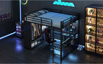 Loft Bed 160x200 Gaming Desk LED Storage Wardrobe - Black Metal