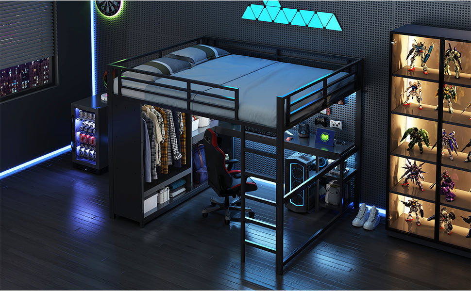 Loft Bed 160x200 Gaming Desk LED Storage Wardrobe - Black Metal