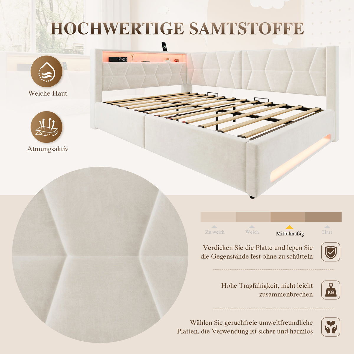 Upholstered Bed 140x200cm with Storage & LED Light in Beige Velvet
