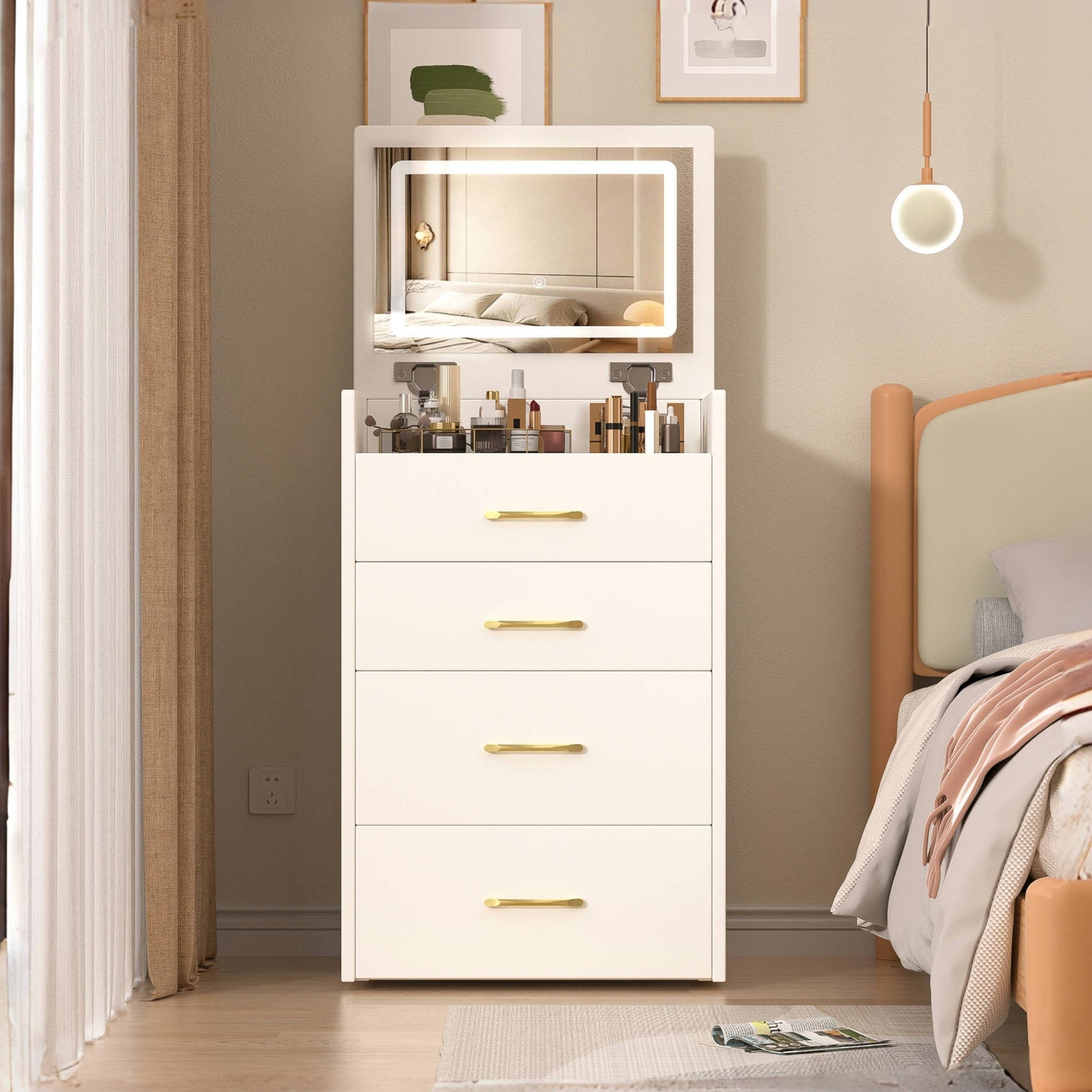 3-in-1 Dressing Table Set, Open Mirror 3 Drawers Compact W60cm, Clear Glass Top