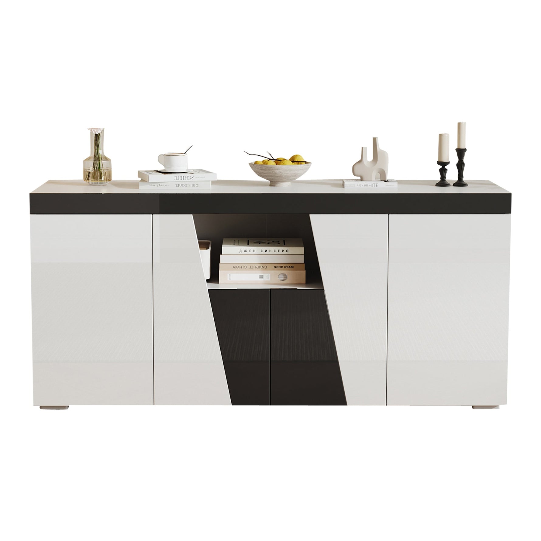 Living Room Sideboard 140x40x65cm Large Storage 4 Doors LED Light Strip Angled Design Black and White