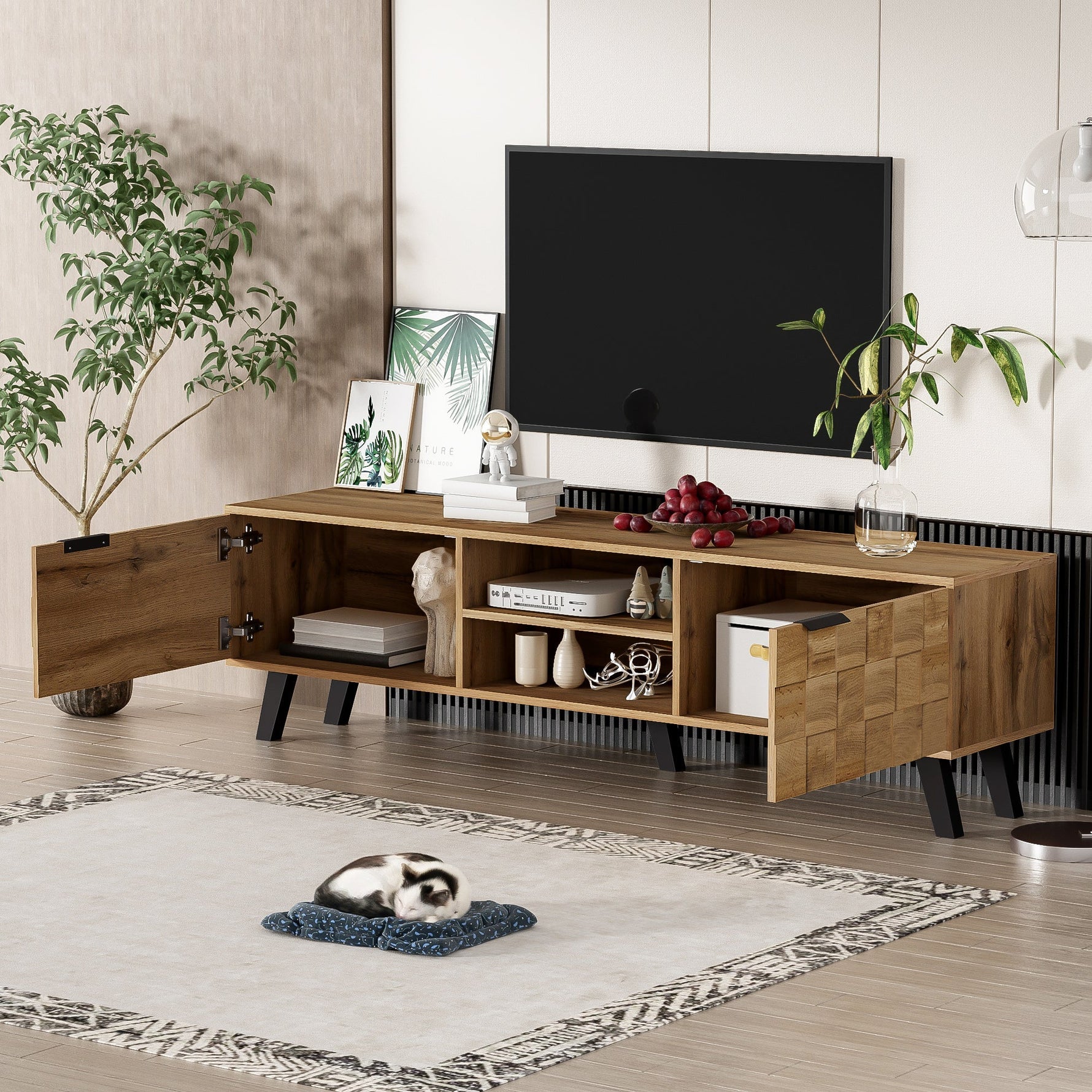 Modern TV Cabinet with 2 Doors, 2 Open Compartments - 160.5 x 35.5 x 45 cm