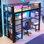 Loft Bed 90x200cm with LED Light & Desk - Black Metal