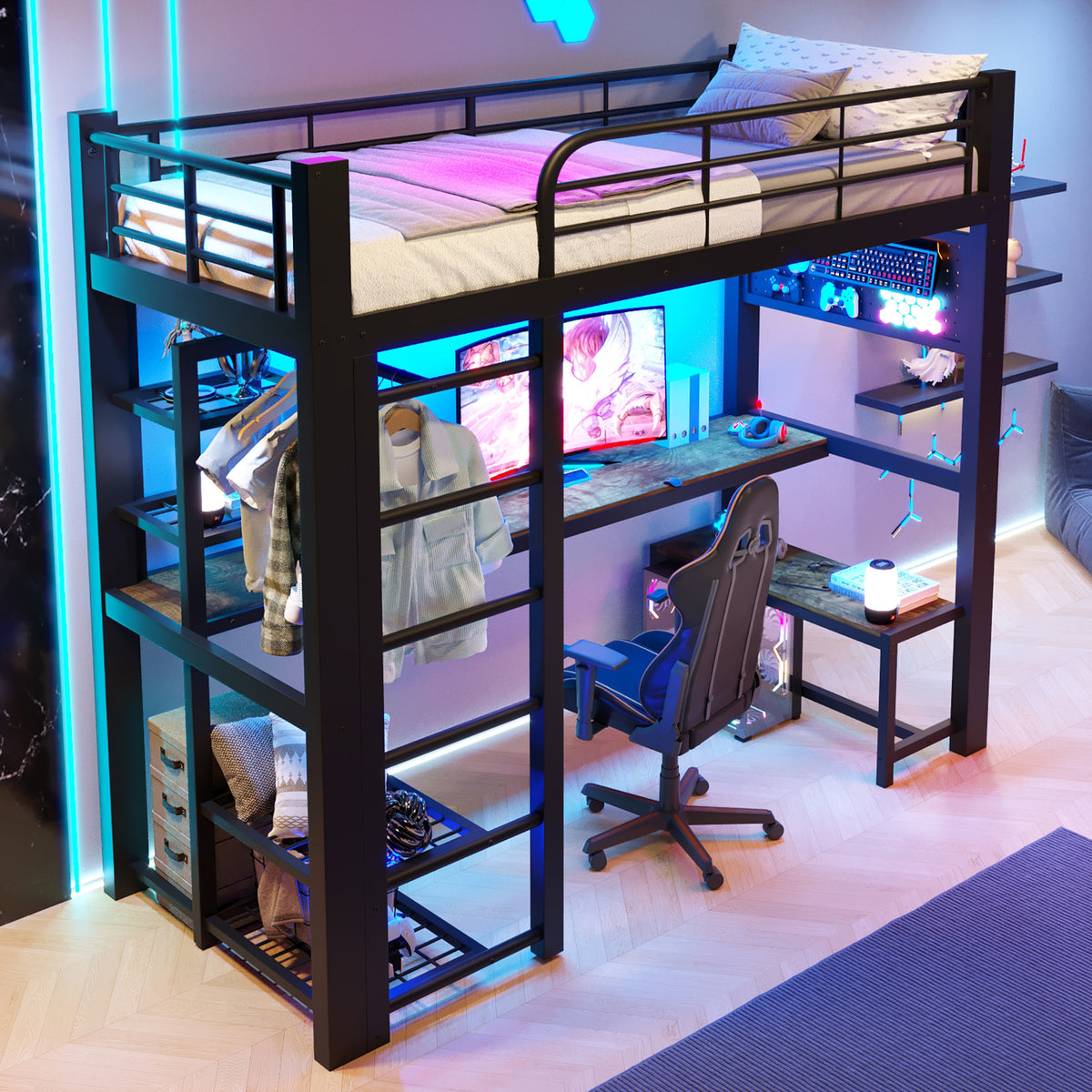 Loft Bed 90x200cm with LED Light & Desk - Black Metal