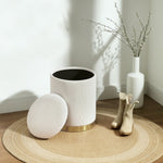 Storage Ottoman Round Footstool Lid Steel Base, Corduroy Cream White