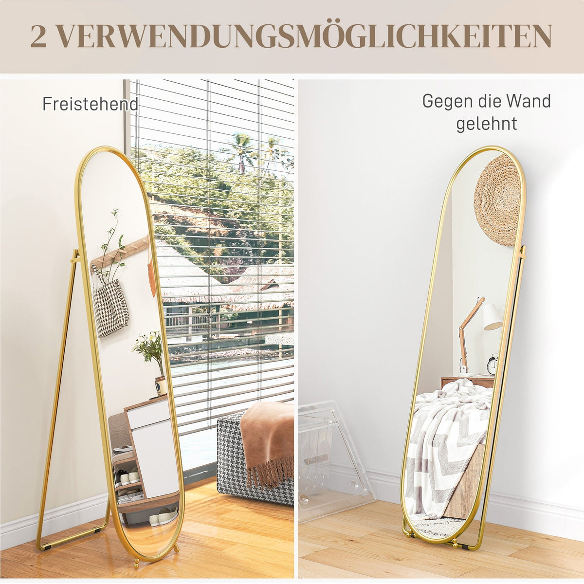Full-Length Mirror, Oval Standing Wall with Stand, Metal Gold