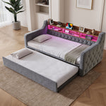 Extendable Sofa Bed 90x200cm with LED & USB, Beige Velvet