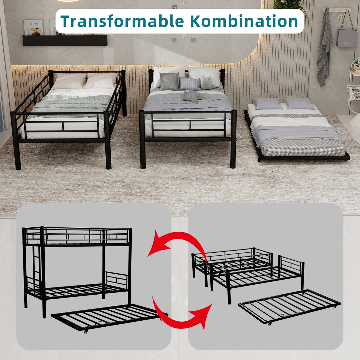 Meta Twin over Twin Bunk Bed, Heavy-Duty Stable Low Noise Safety Railing, Metal
