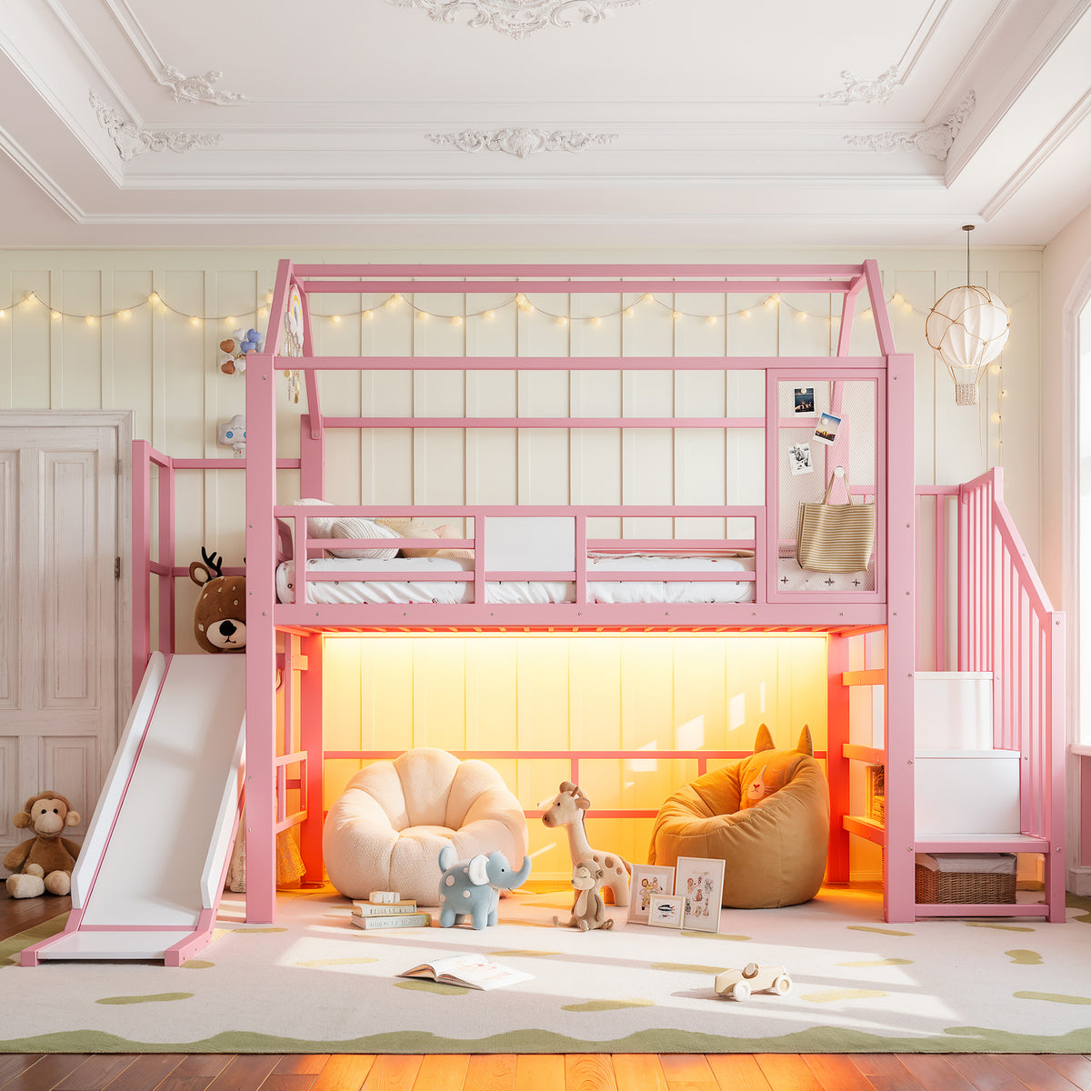 Bunk Bed 90x200cm with Desk, USB & Shelves - White Metal