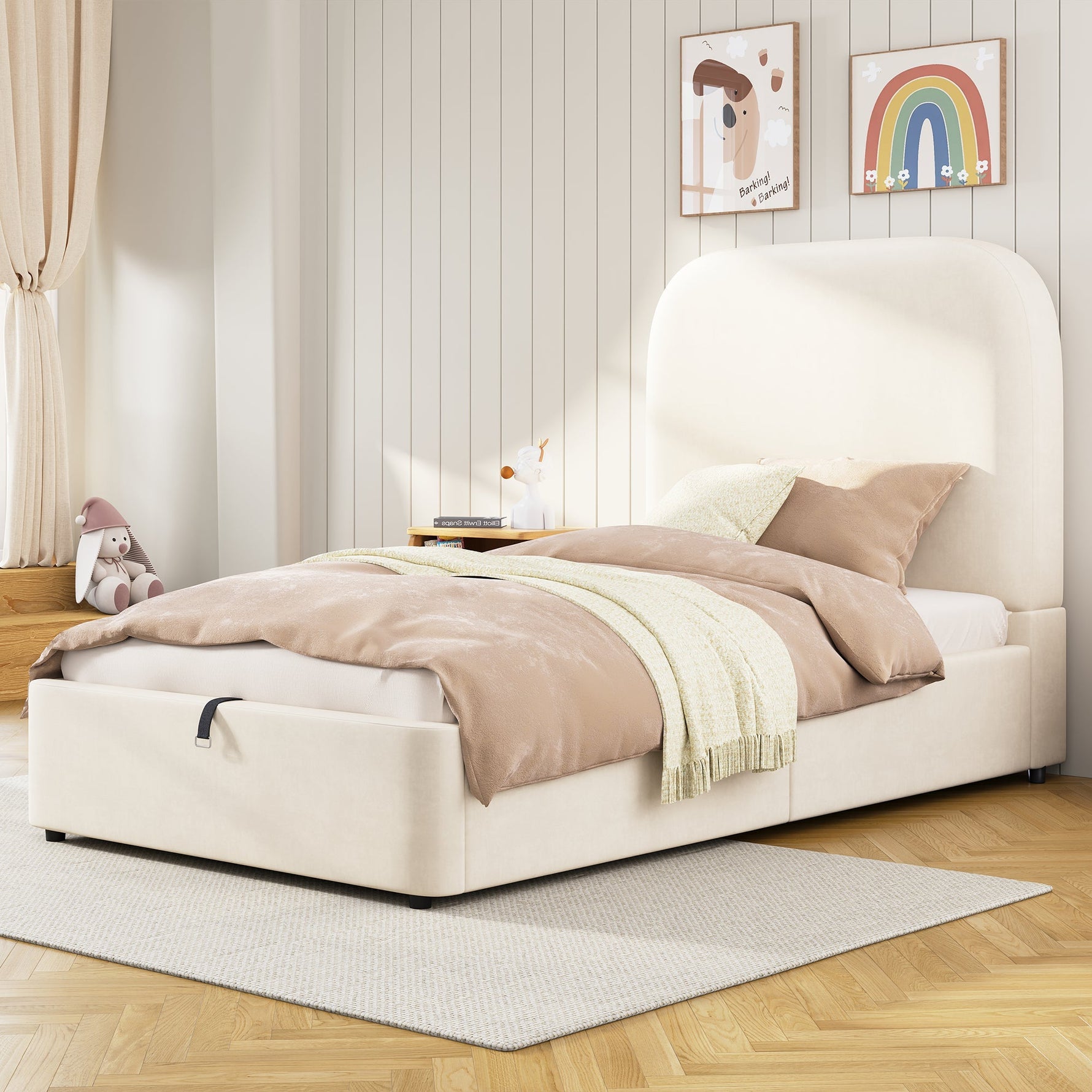 Upholstered Bed Single/Children's 90x200cm Hydraulic Storage with Padded Headboard, Velvet Beige