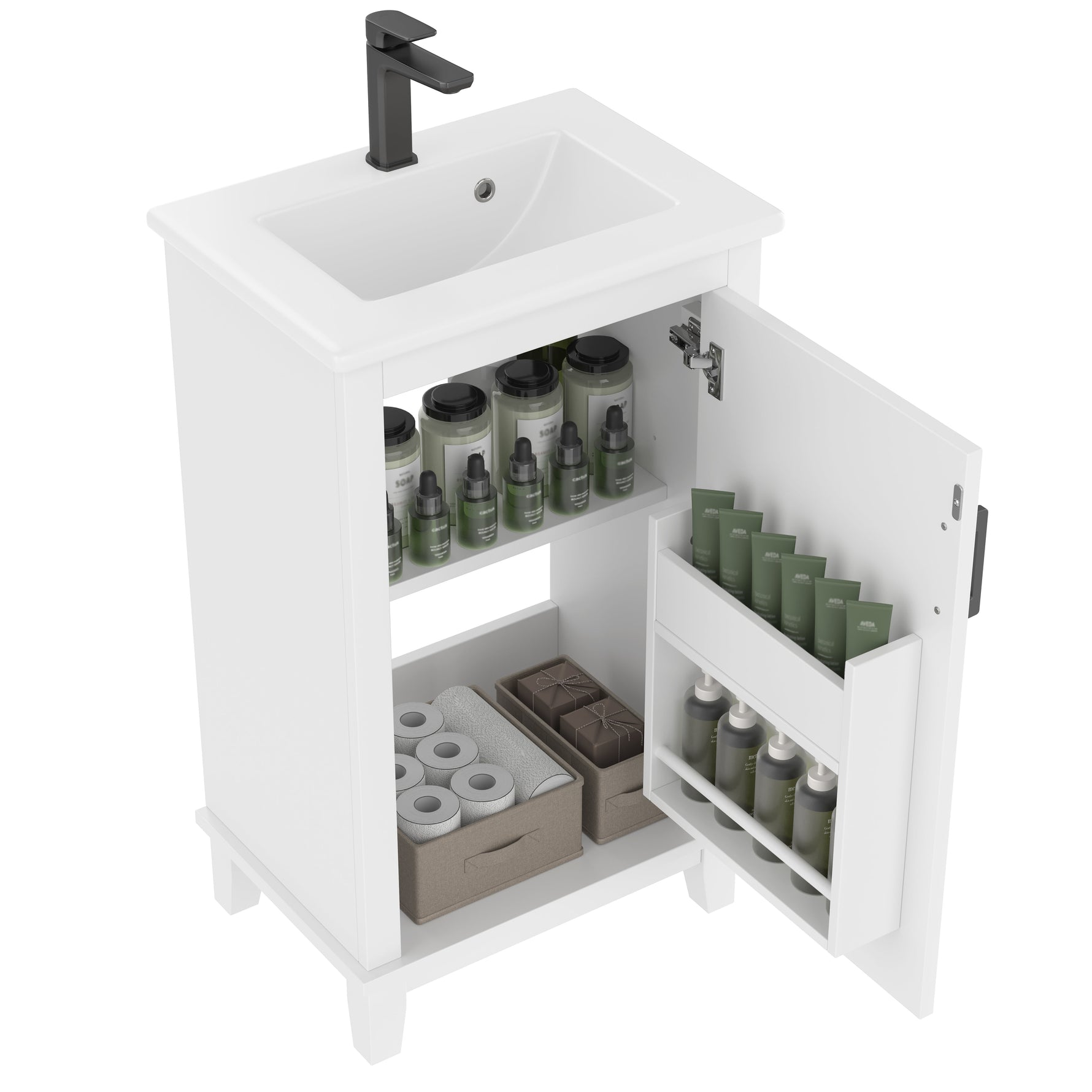Floor-standing Bathroom Vanity Unit with Integrated Ceramic Sink and Adjustable Shelves, White