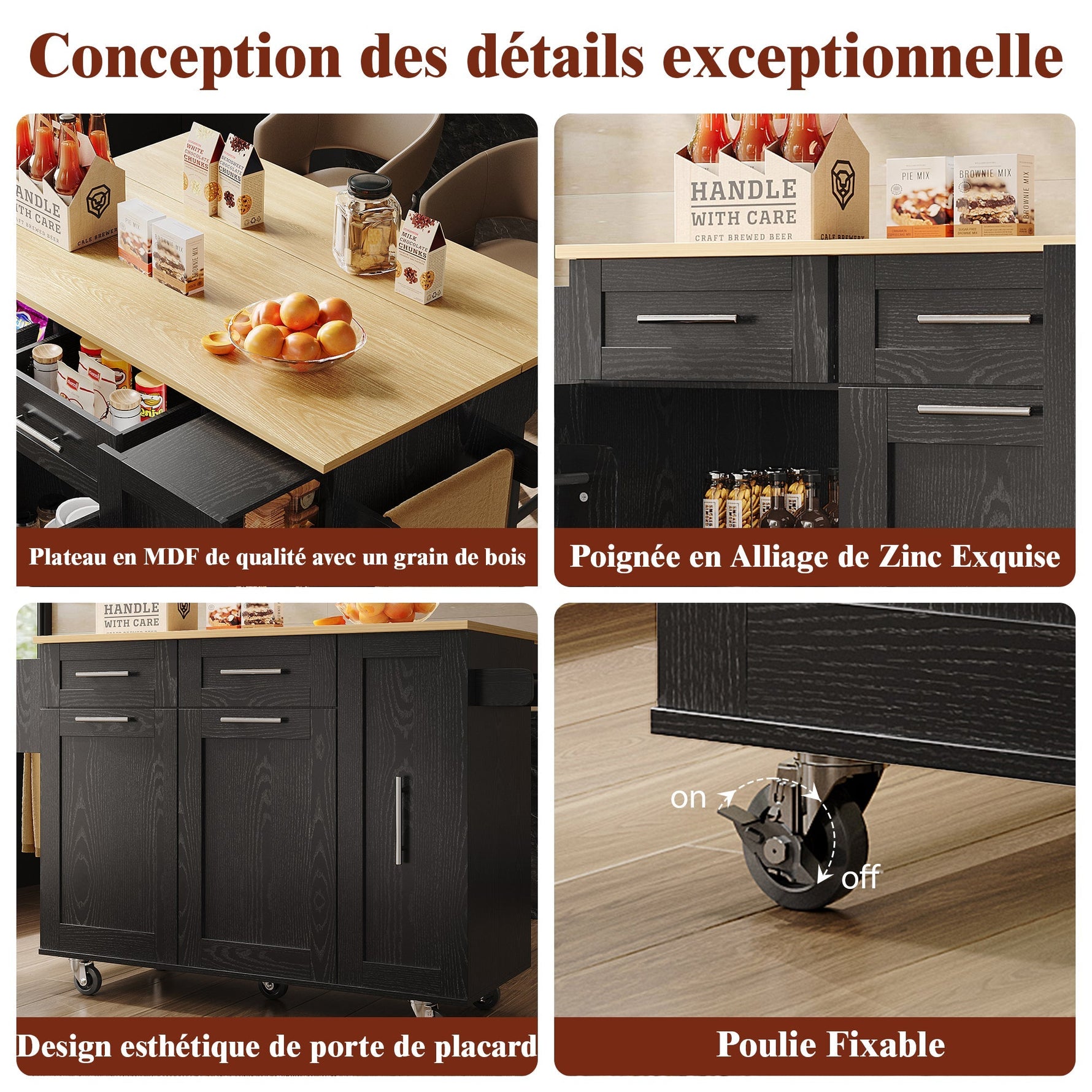 Mobile Kitchen Island Dining Table Extendable Storage - Wood Grain Black