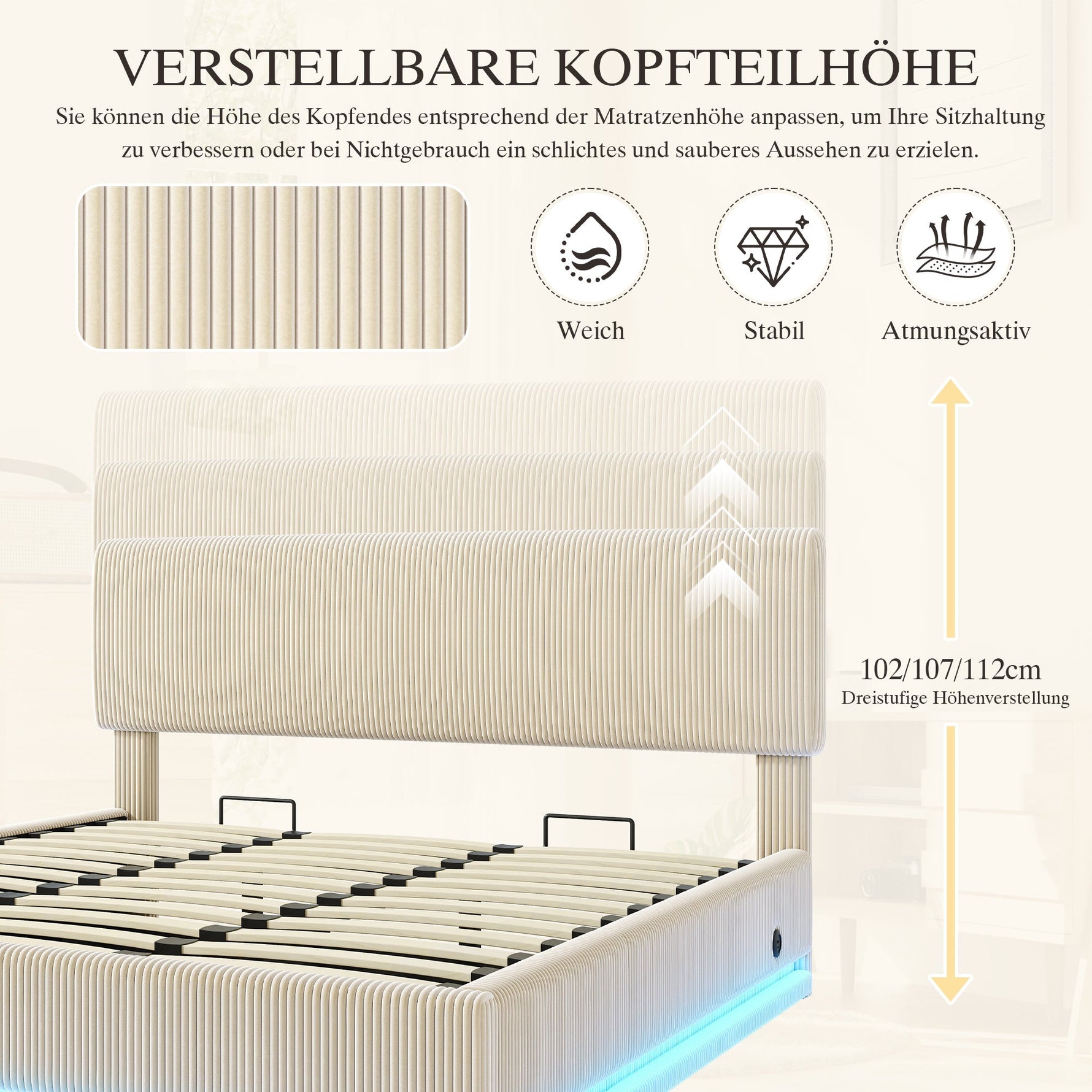 Modern Upholstered Bed with LED Lighting, USB-C and Storage, 180x200 Beige Corduroy