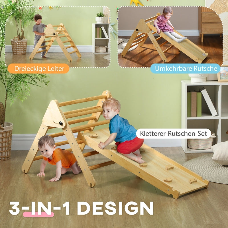 Children's Climbing Set with Triangular Ladder and Double-Sided Ramp, Wood