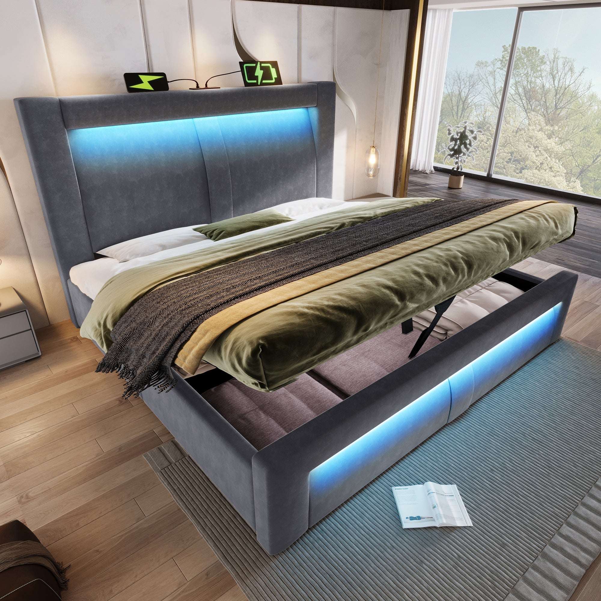 Double Bed 140x200 cm with Hydraulic Storage, LED, USB and Type-C, Grey Velvet