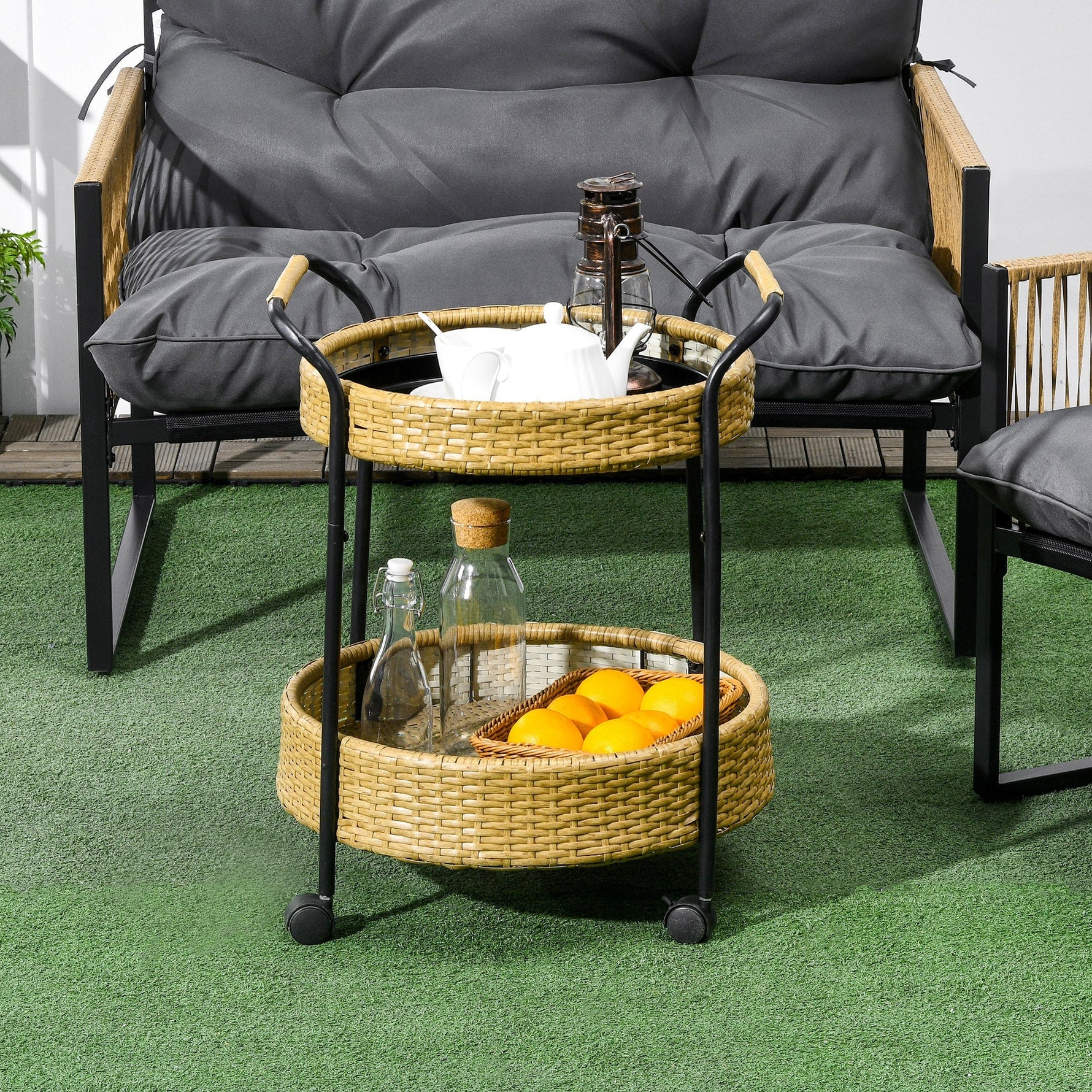 Serving Cart, 2 Shelves, Rattan, Natural